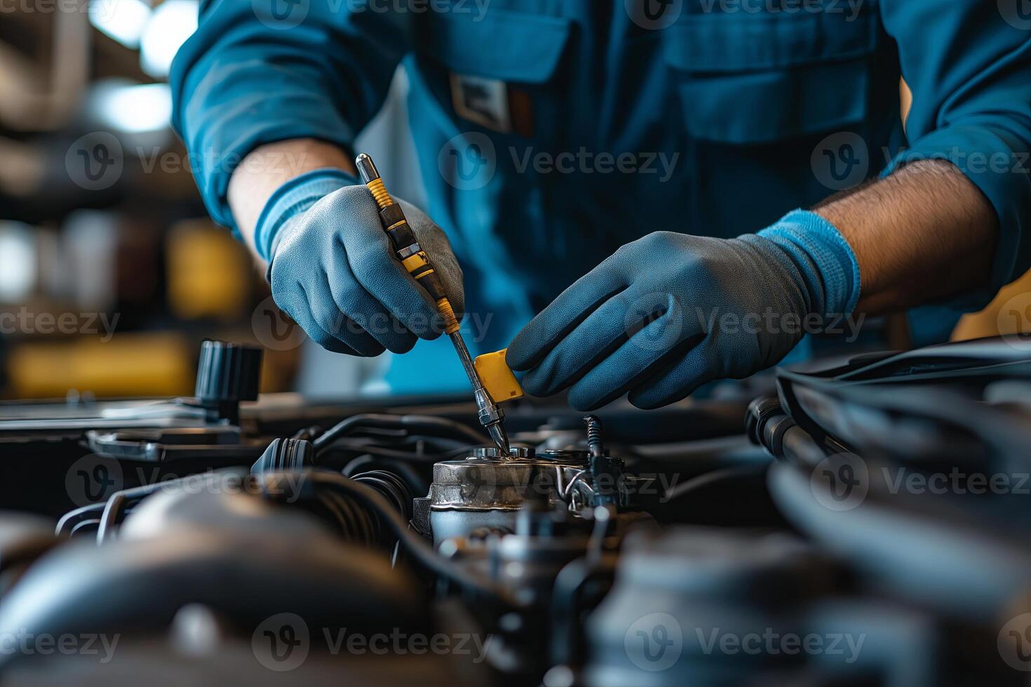 mechanics hands. auto mechanic working with car engine auto service center photo