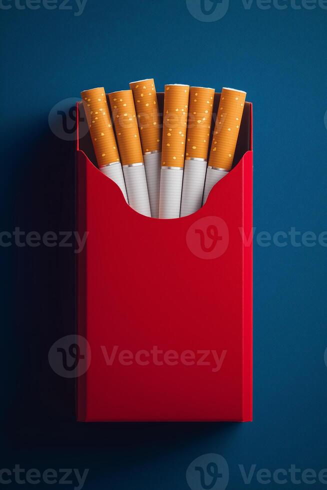 mockup of a pack of cigarettes in a red paper bag on a blue background photo