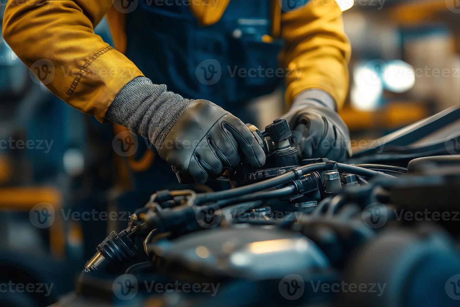 mechanics hands. auto mechanic working with car engine auto service center photo