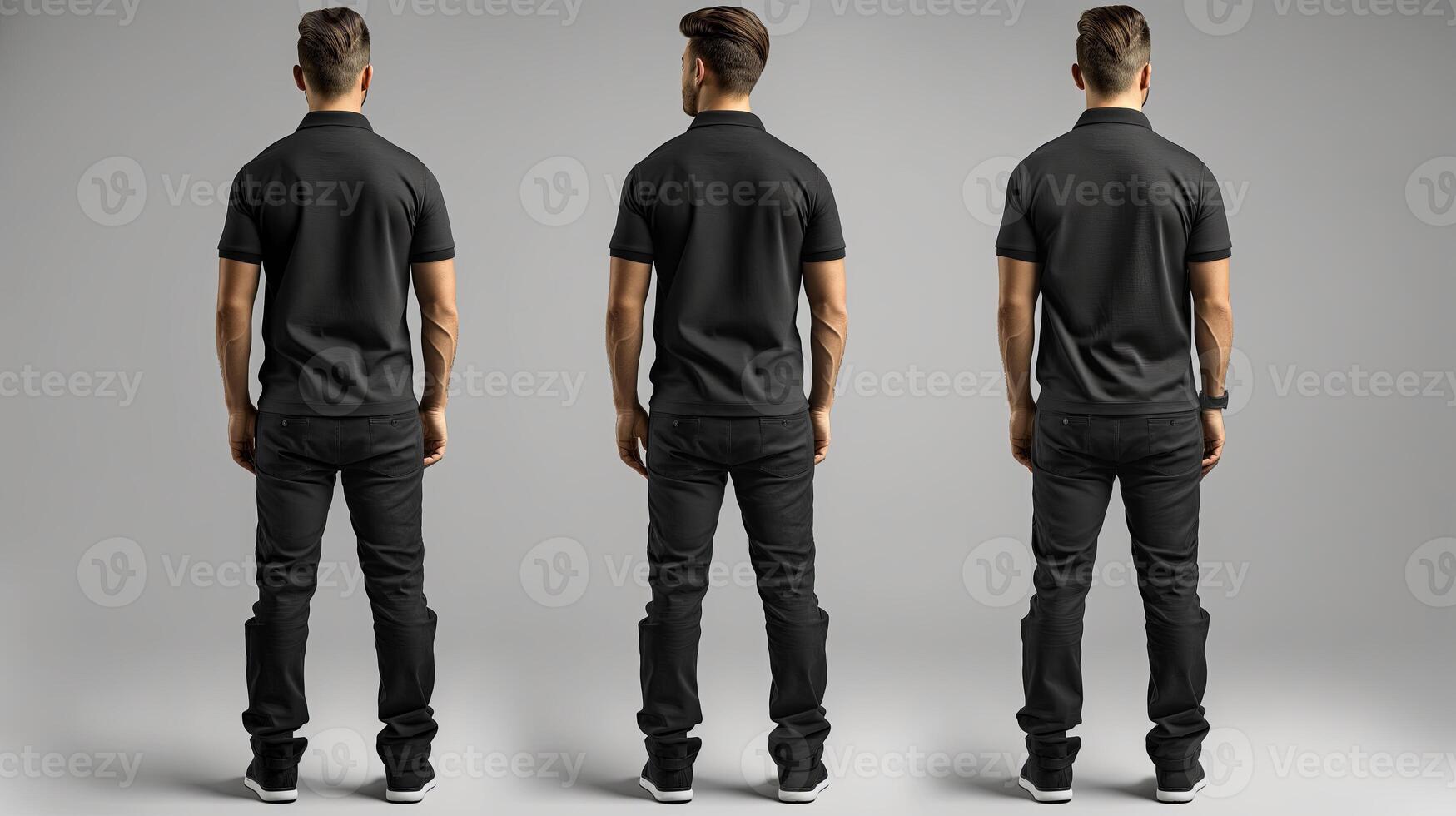 back black t-shirt mockup on a white background. three men photo