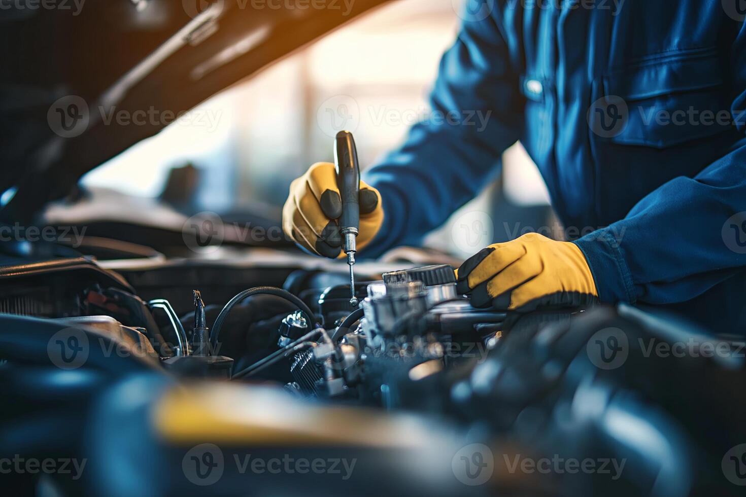 mechanics hands. auto mechanic working with car engine auto service center photo