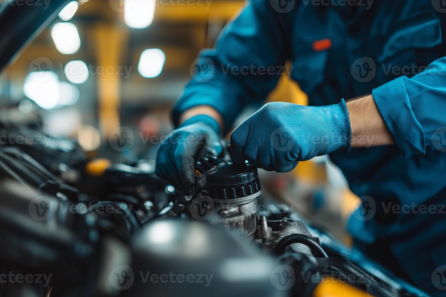 mechanics hands. auto mechanic working with car engine auto service center photo