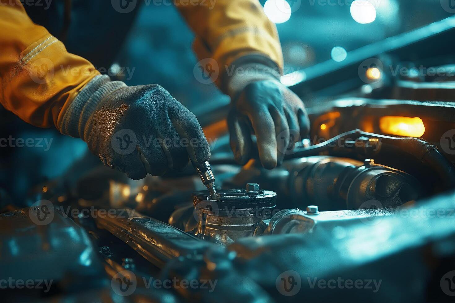 mechanics hands. auto mechanic working with car engine auto service center photo