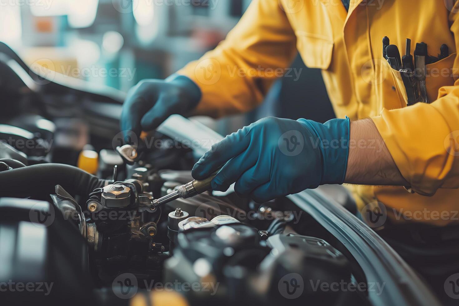 mechanics hands. auto mechanic working with car engine auto service center photo