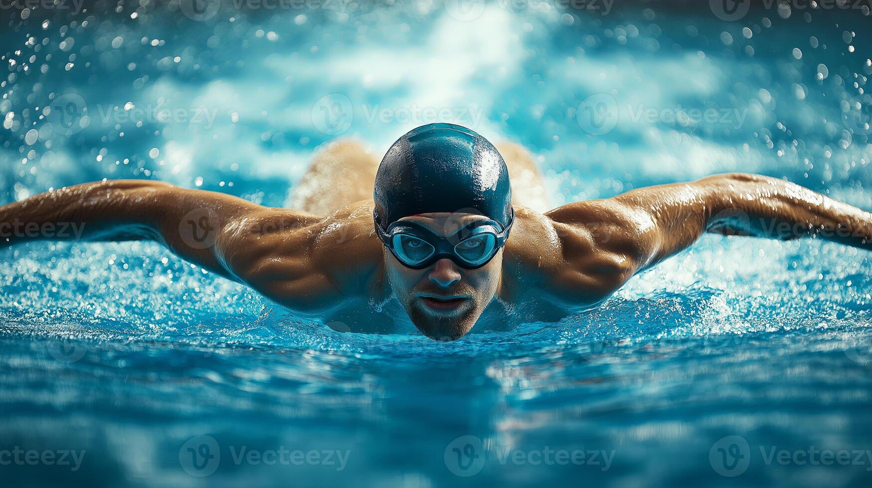 olympic swimmer in swimming goggles and swim cap front view in water photo