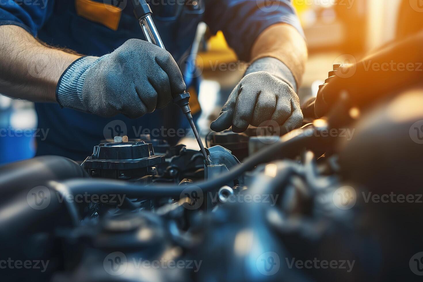 mechanics hands. auto mechanic working with car engine auto service center photo