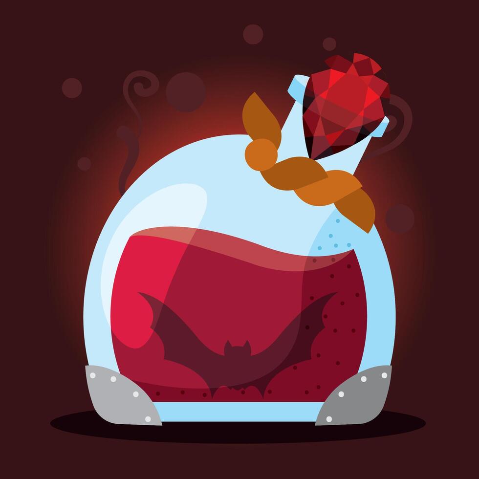 Spooky bottle with mysterious bat, vector