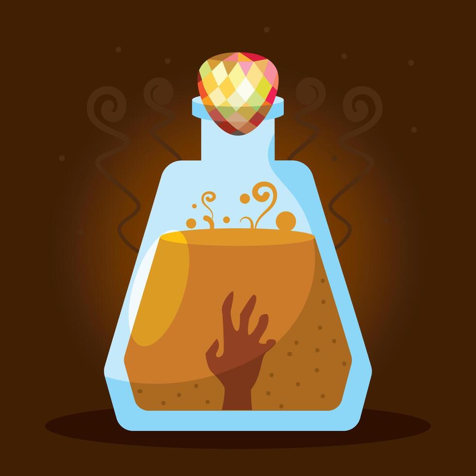 Spooky bottle with mysterious hand, vector