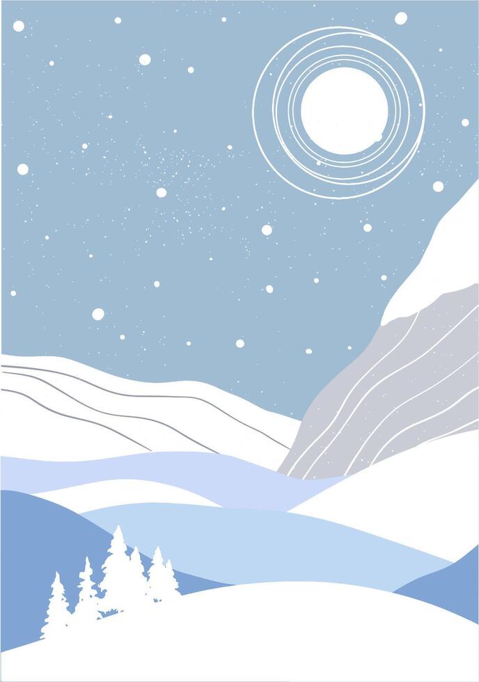 Flat winter poster landscape with silhouettes of trees, hills and mountains with falling snow, Christmas scene, panorama, horizon, fir tree, cold weather, Northern vector