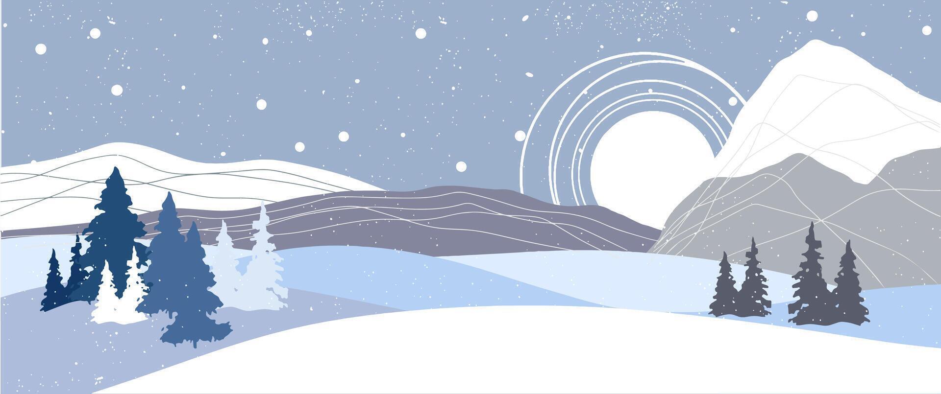 Flat winter banner landscape with silhouettes of trees, hills and mountains with falling snow, Christmas scene, panorama, horizon, fir tree, cold weather, Northern vector