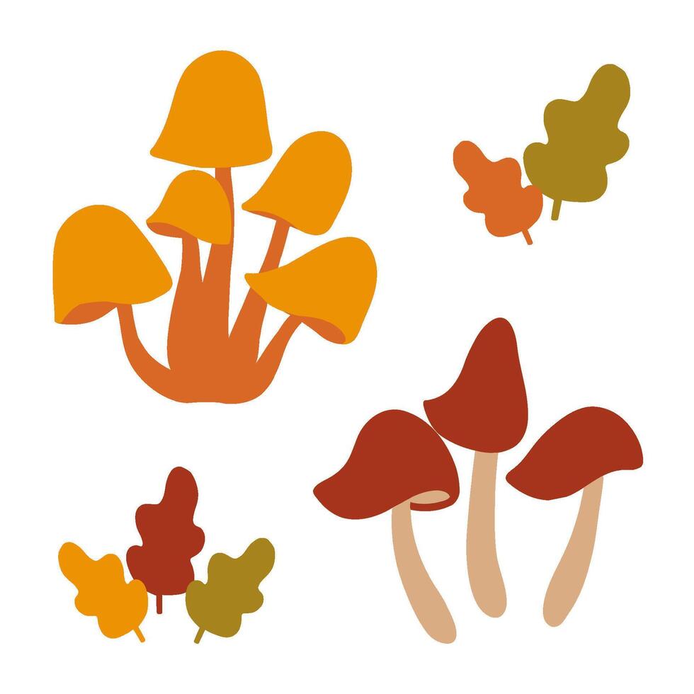 Colorful mushrooms and leaves illustrated in a whimsical style during autumn vector