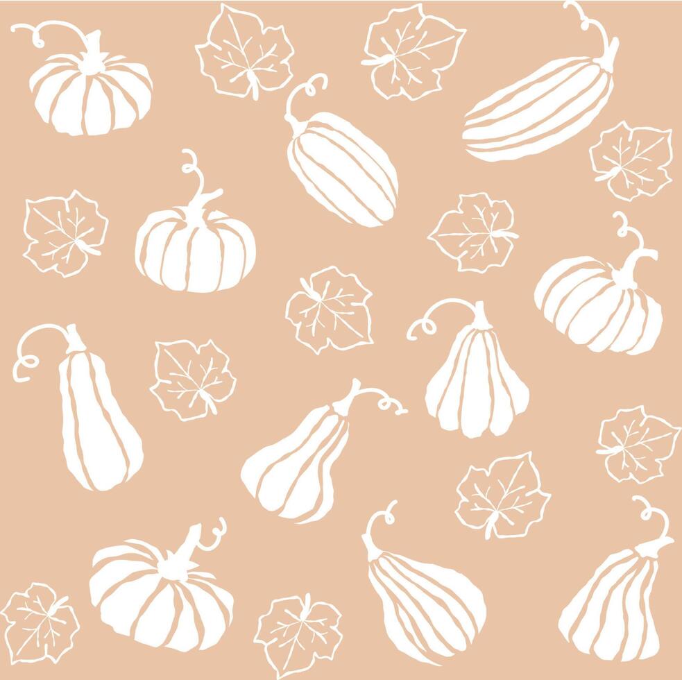 Beige background featuring a variety of hand-drawn pumpkins and leaves in a decorative pattern vector