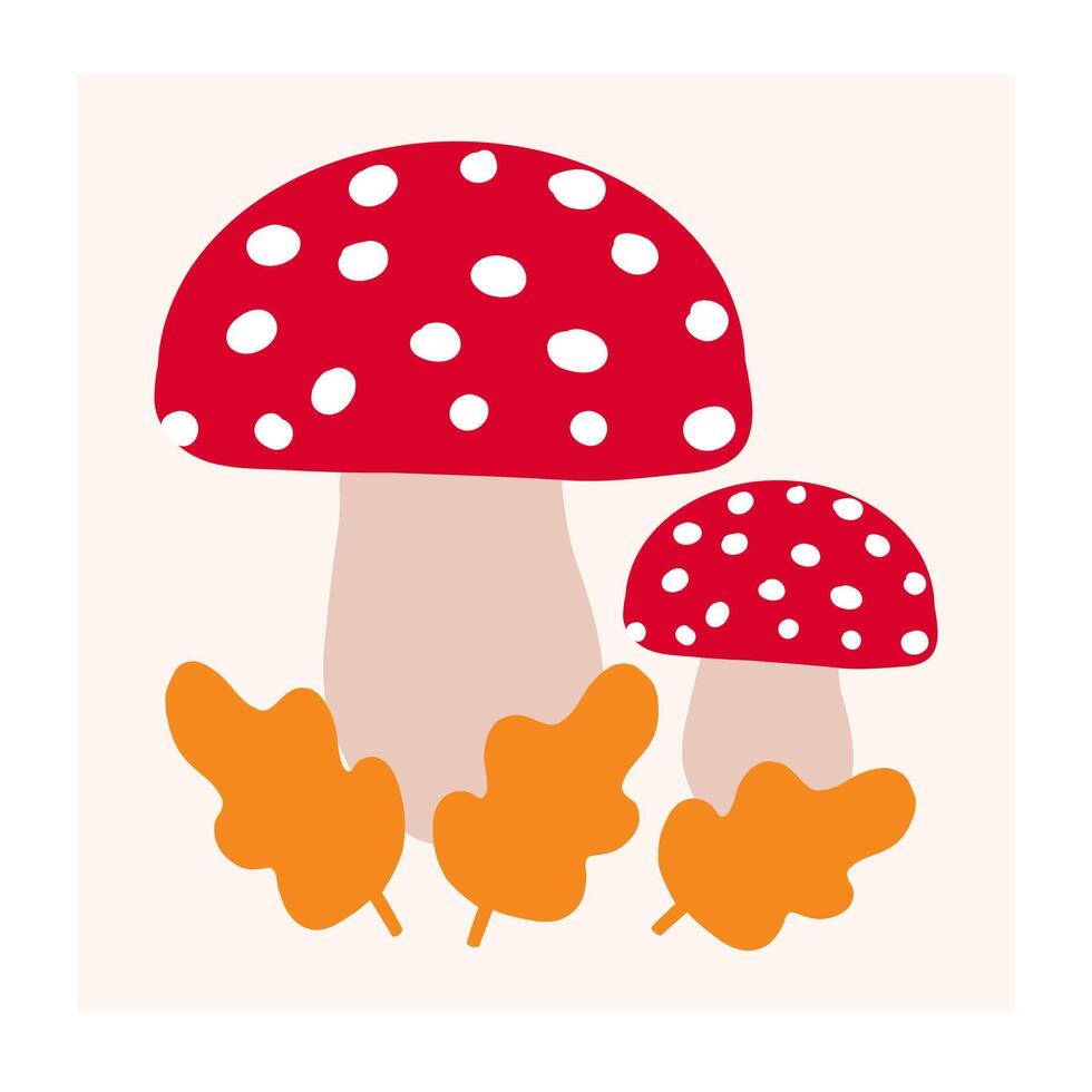 Red spotted mushrooms surrounded by autumn leaves in a warm, cozy environment vector