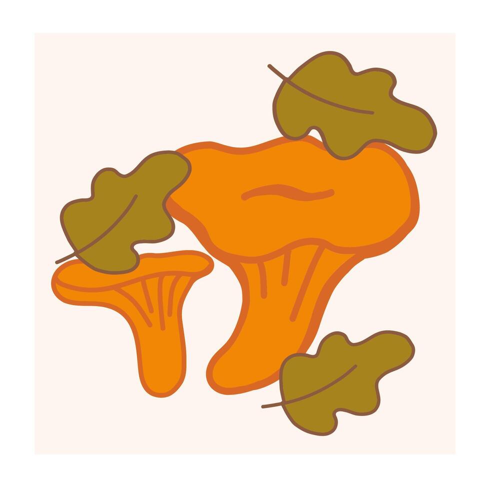Chanterelle mushrooms surrounded by autumn leaves on a light background in a still life arrangement vector