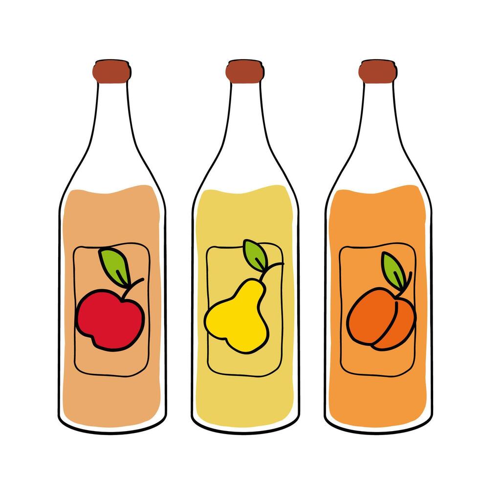 Assorted fruit juice bottles displayed on a flat surface in a bright setting vector
