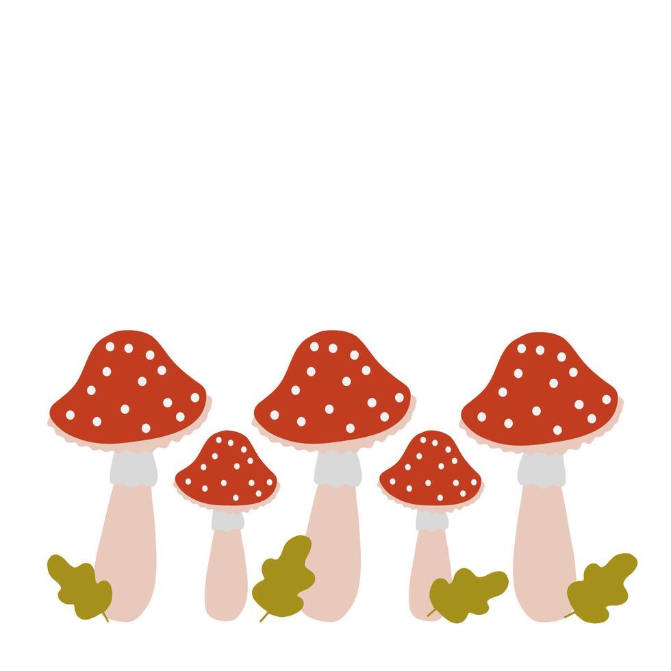 Group of red mushrooms with white spots and green leaves on a white background vector