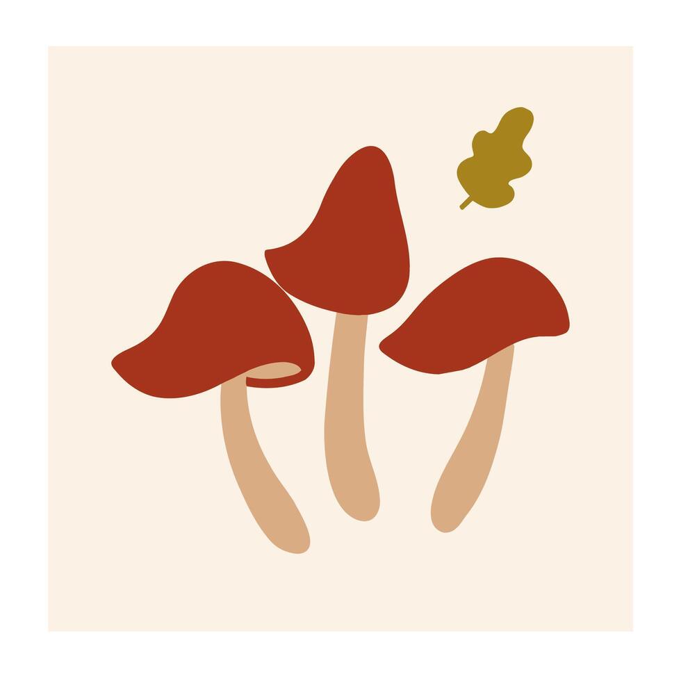 Three red mushrooms with brown stems and a small leaf in a neutral background vector