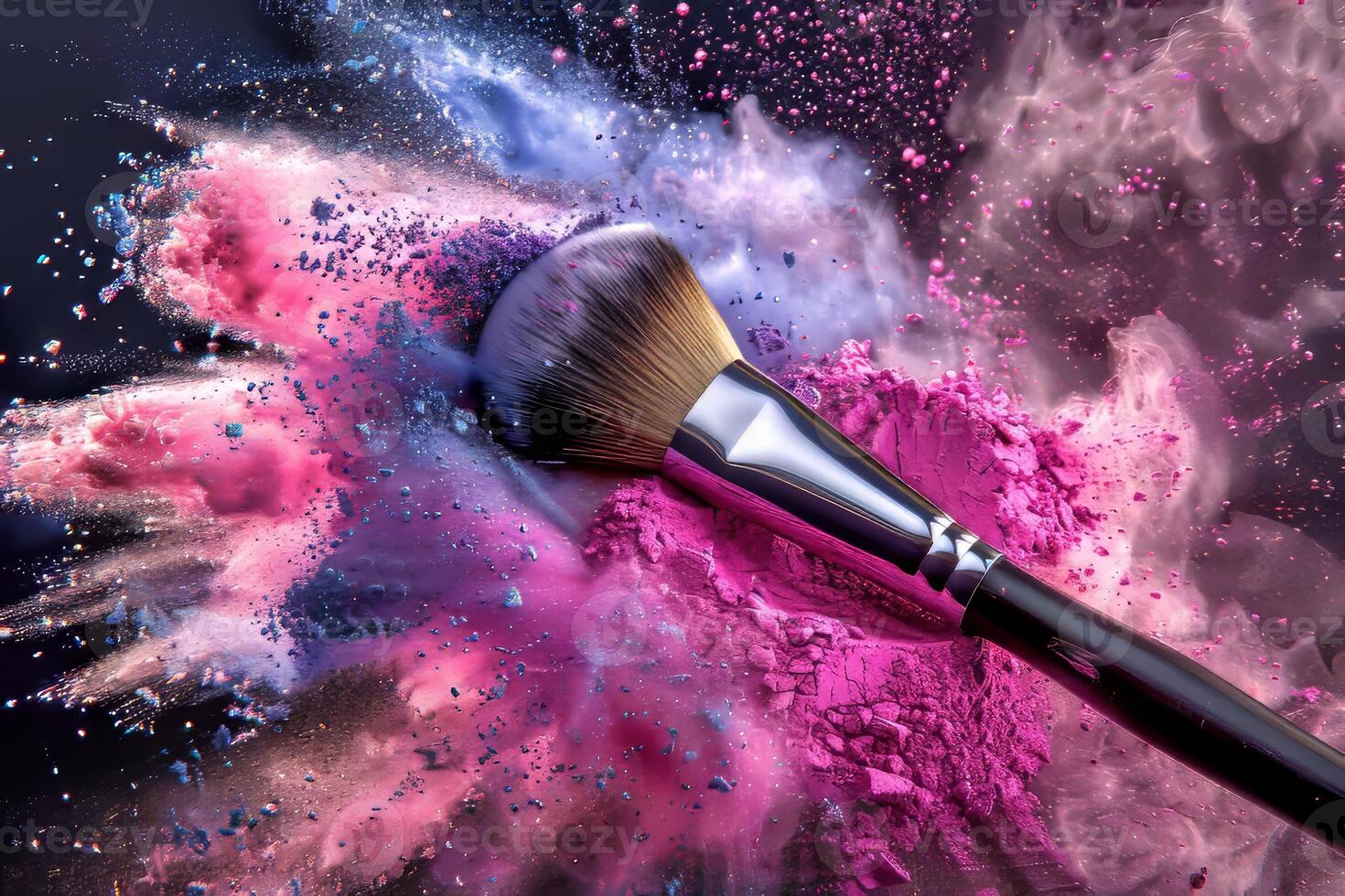 Makeup Brush on Colorful Powder Explosion, Blush and Eyeshadow in Motion Against Black Background photo