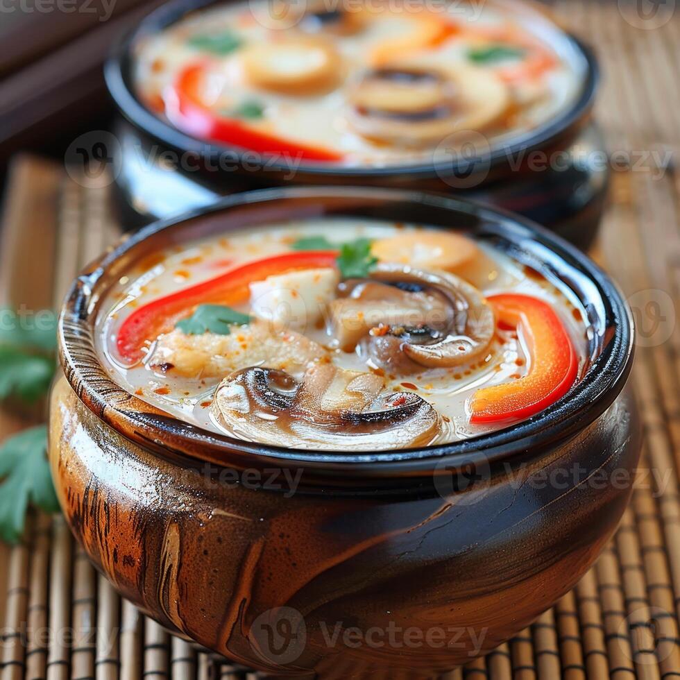 Two Earthenware Bowls Filled with Creamy Soup, Vegetables, and Mushrooms on a Woven Surface photo
