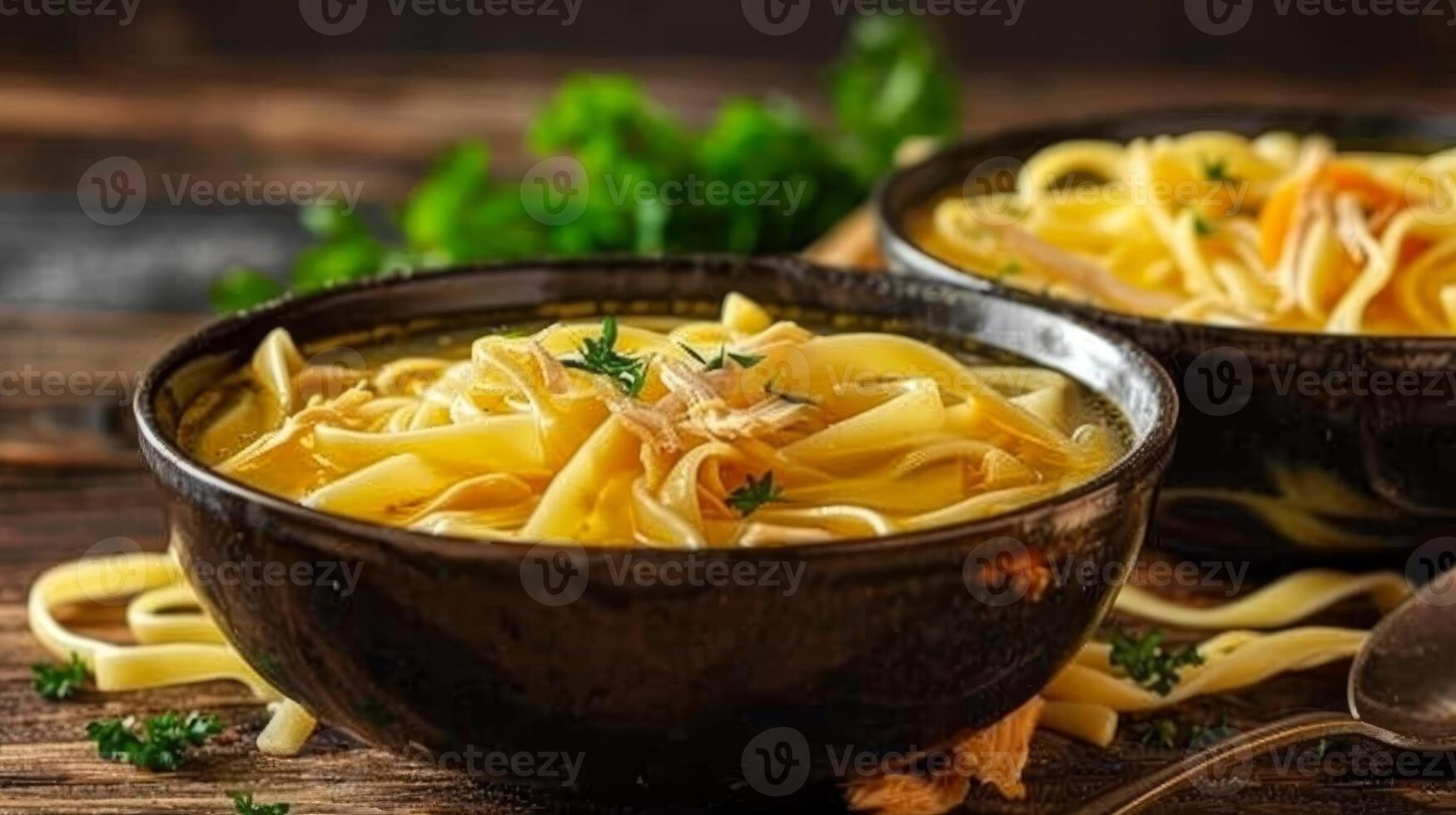 Close Up, Comfort Food Photography Steaming Bowls of Chicken Noodle Soup with Rustic Setting photo