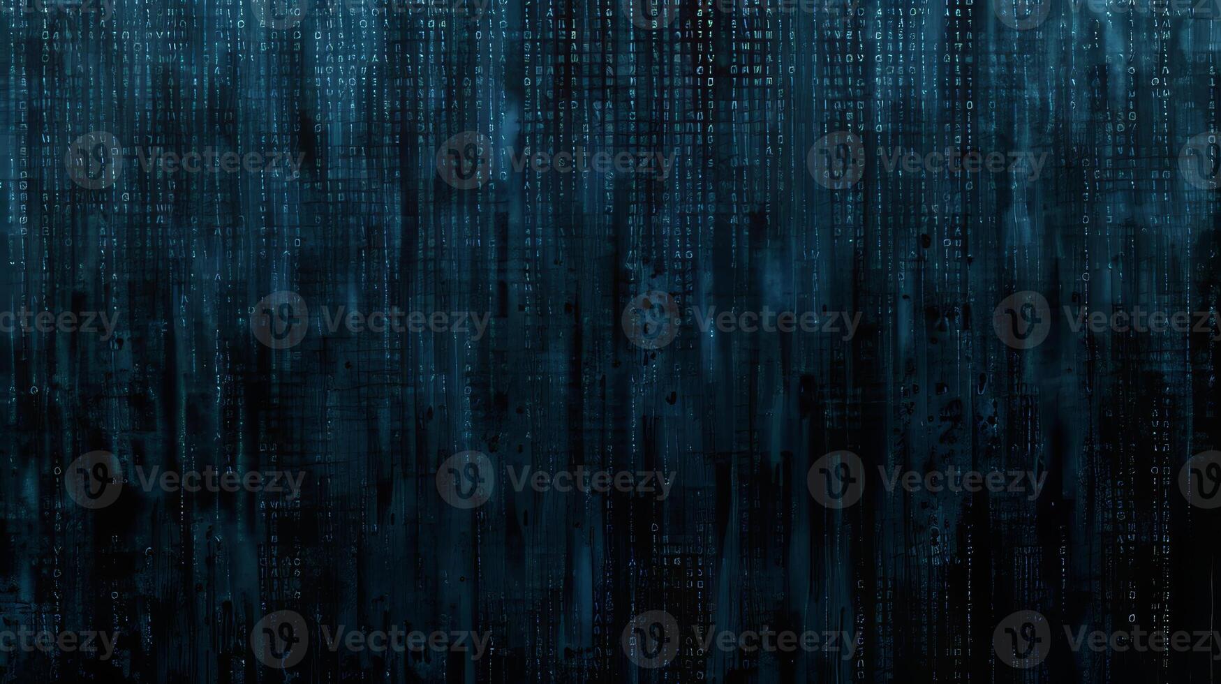 Abstract Data Stream Digital Rain of Letters and Numbers Cascades Down a Dark Blue Background photo