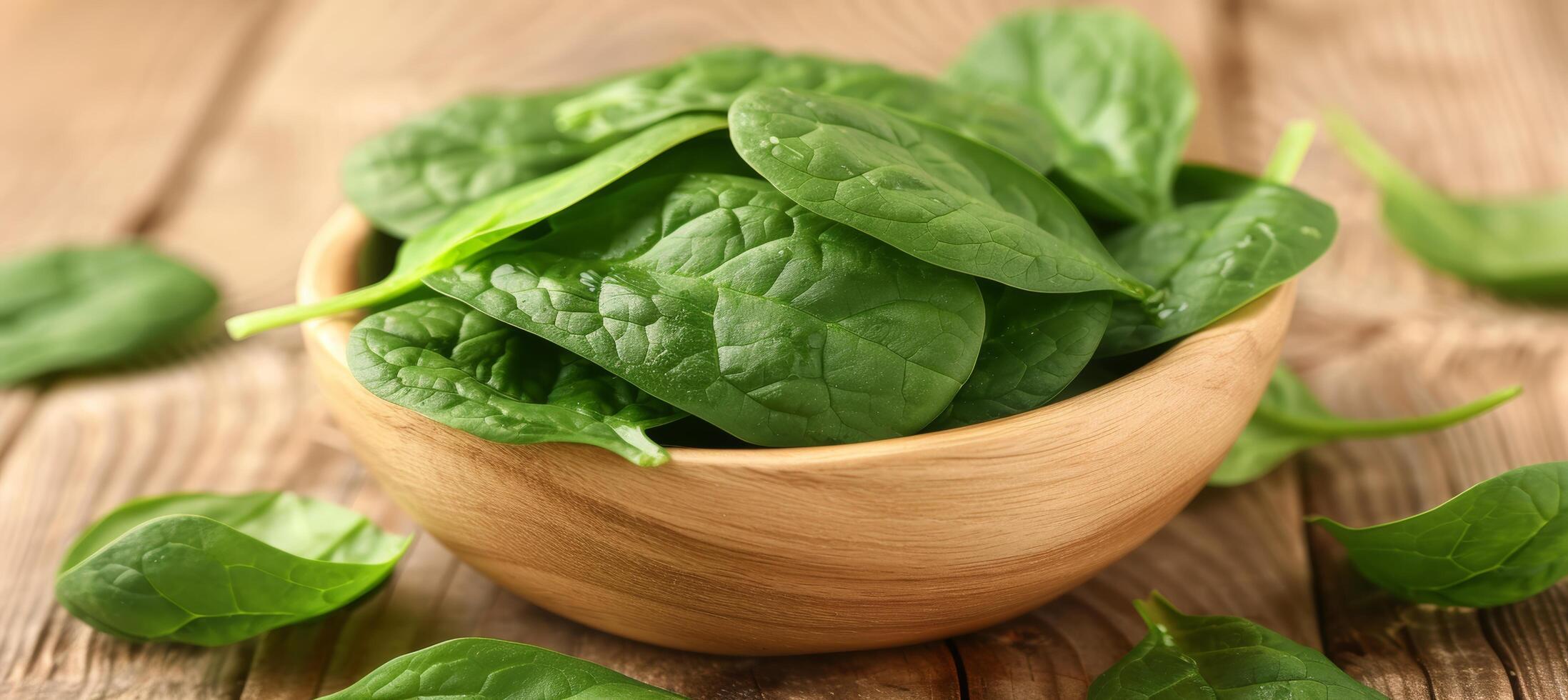 Fresh Organic Spinach Leaves in Wooden Bowl on Rustic Background, Healthy Food Concept photo