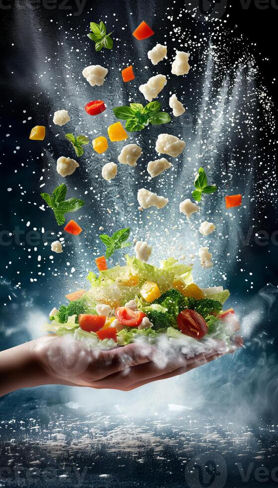 Fresh salad ingredients explosion. Green vegan salad with flying vegetables on a dark background. photo