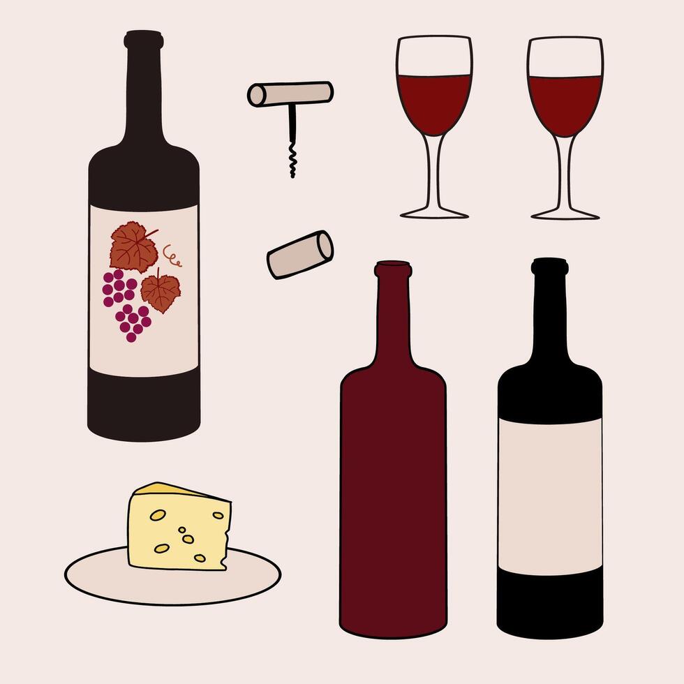 A wine tasting setup featuring red wines, cheese, and glasses on a neutral background vector