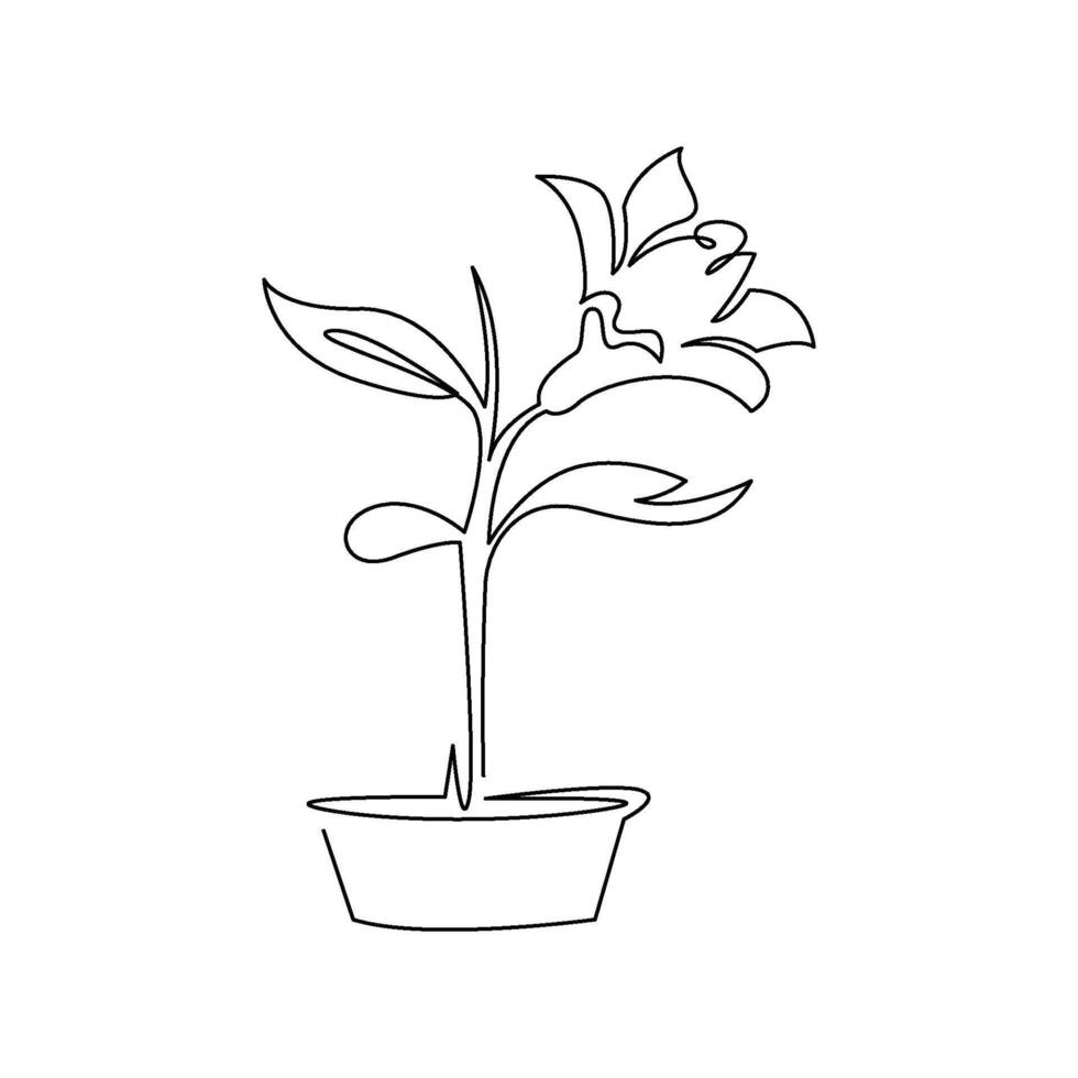 continuous line art or monoline drawing of simple flower on the pot vector
