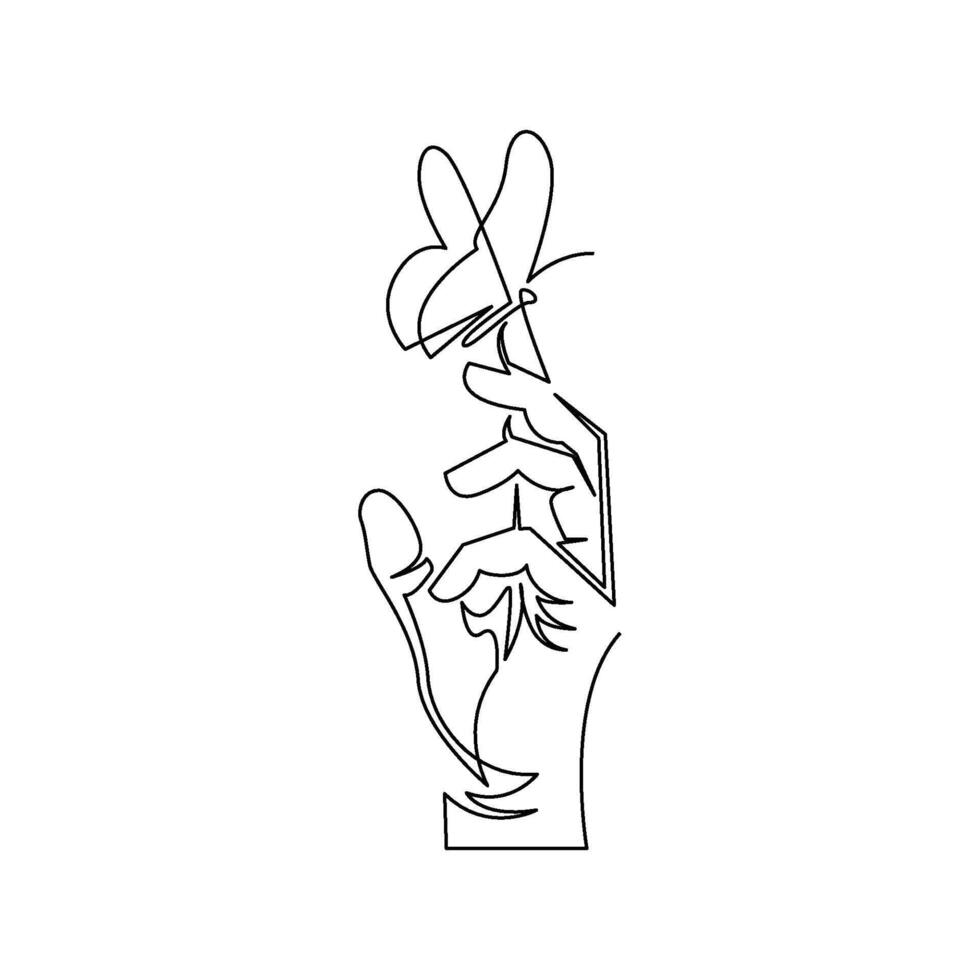 continuous line art or monoline drawing of hand raises the butterfly vector