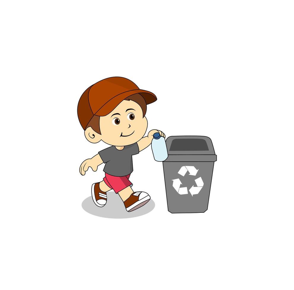 Boy Cartoon Throwing Trash To Rubbish Bin Illustration vector