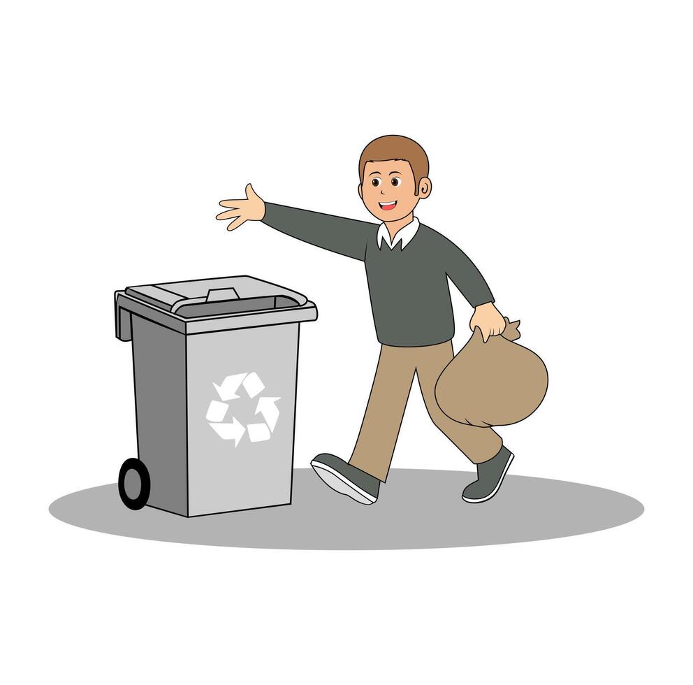 Boy Character Carrying Trash Bag To Rubbish Bin Illustration vector