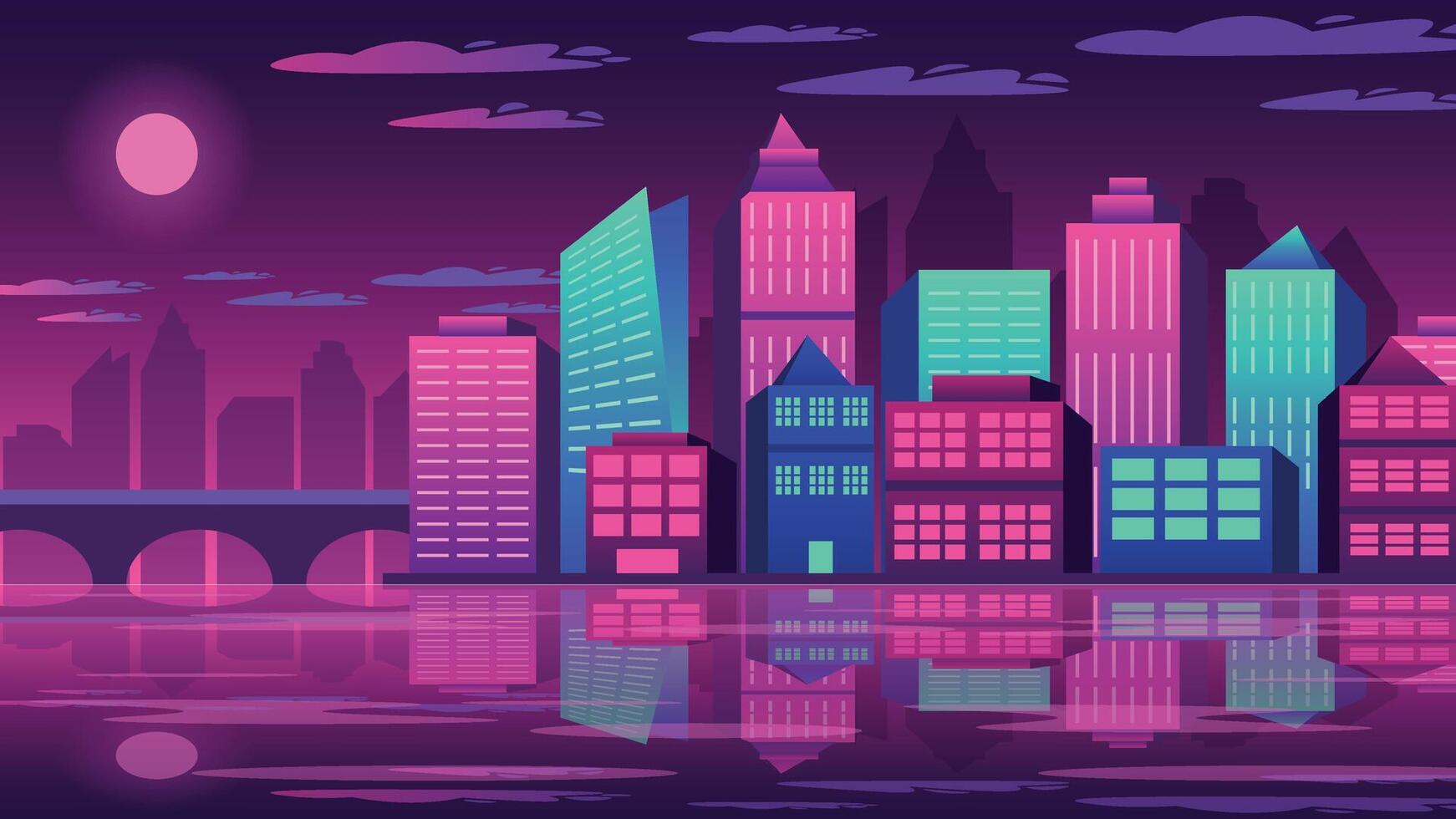 Night in a big city reflects in the river. Neon light of late 80s or early 90s. vector