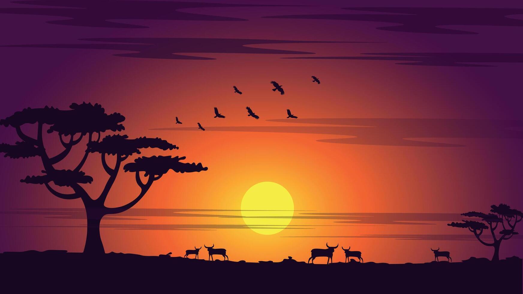 African sunset or sunrise with tree, birds, rams silhouette. Morning shadows of savana. Good for travel or safari ad. vector