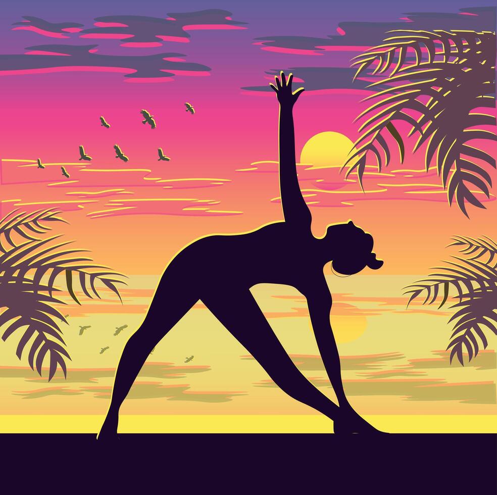 Triangle yoga pose silhouette. Trikonasana. Sea sunset on the background. Bright, catchy colors. vector