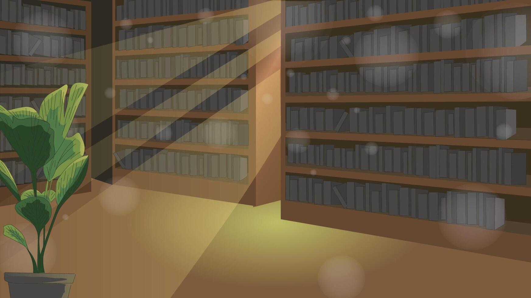 Big library with a plenty of books, magic beam light and a bit dusty. Good for presentation, advertisment or web site about books or writers. vector