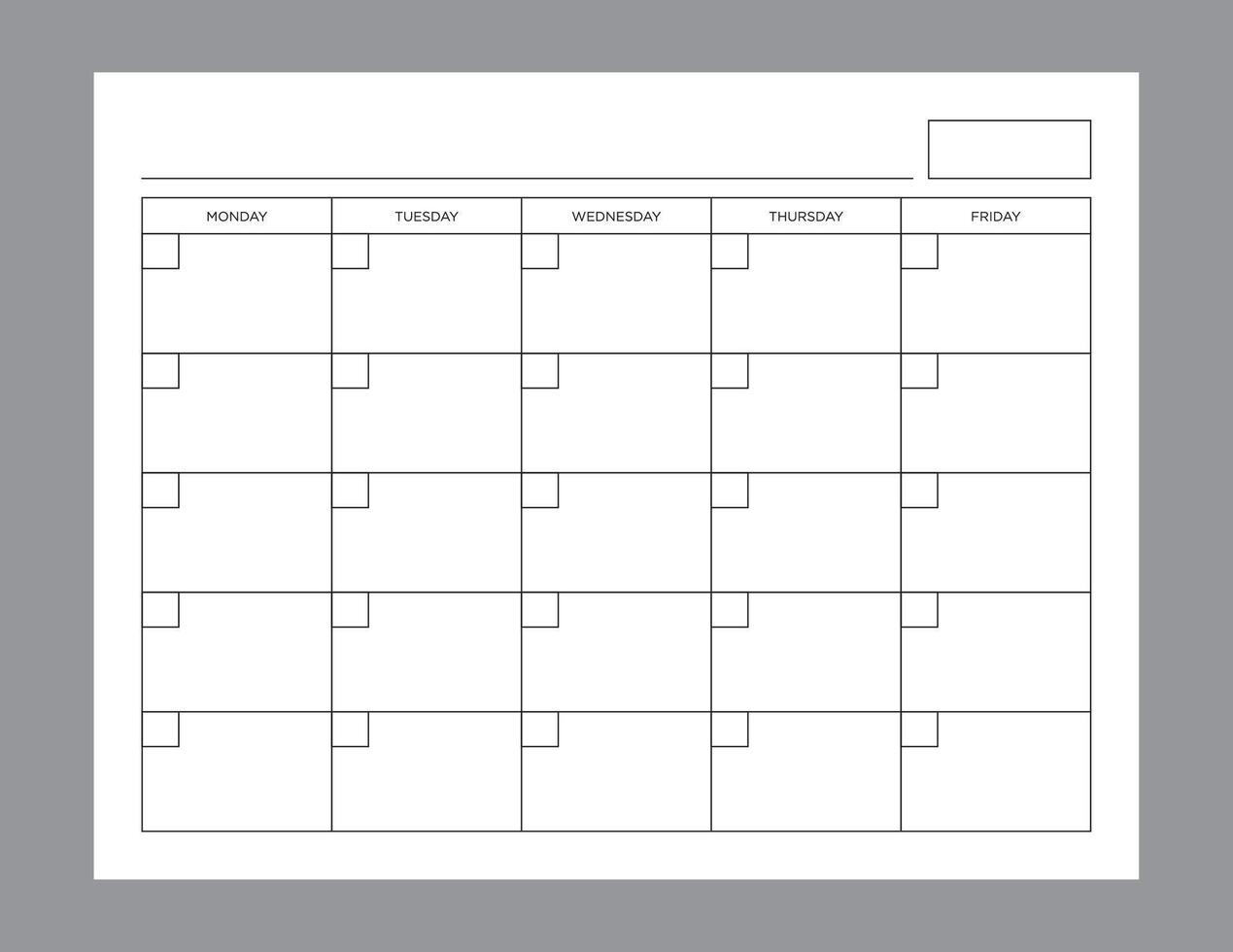 Blank Monday to Friday Calendar Page Template, Fits Letter Size Page, Printable Calendar, Reusable vector