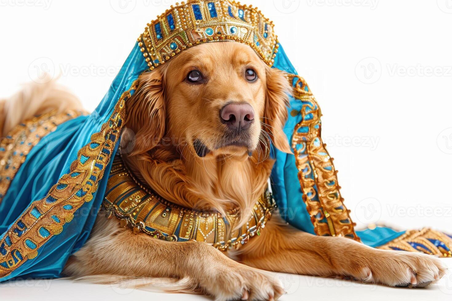 Happy Dog wearing Cleopatra costumes, studio lighting, isolated on white background, stock photographic style photo