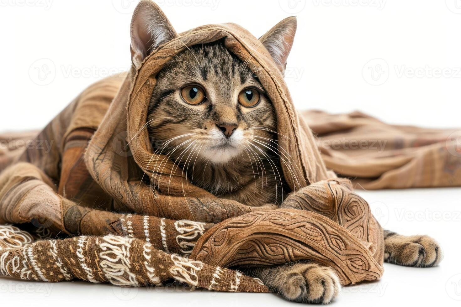 Happy cat wearing Ancient Greek costumes, studio lighting, isolated on white background, stock photographic style photo