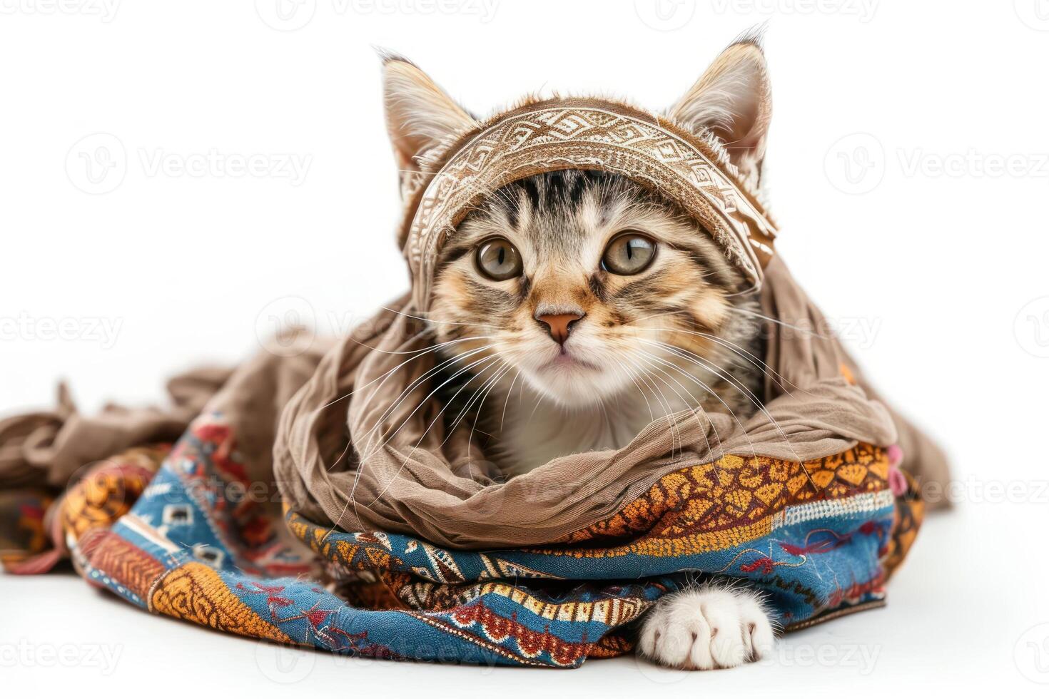 Happy cat wearing Ancient Greek costumes, studio lighting, isolated on white background, stock photographic style photo
