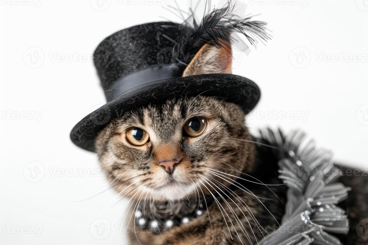 Happy cat wearing Flapper costumes, studio lighting, isolated on white background, stock photographic style photo