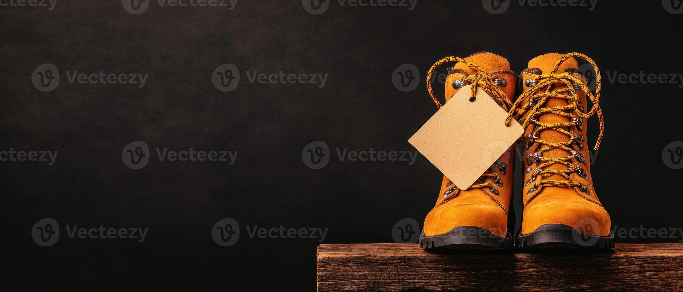 A sale tag on a pair of hiking boots, illustrating outdoor activity promotions photo
