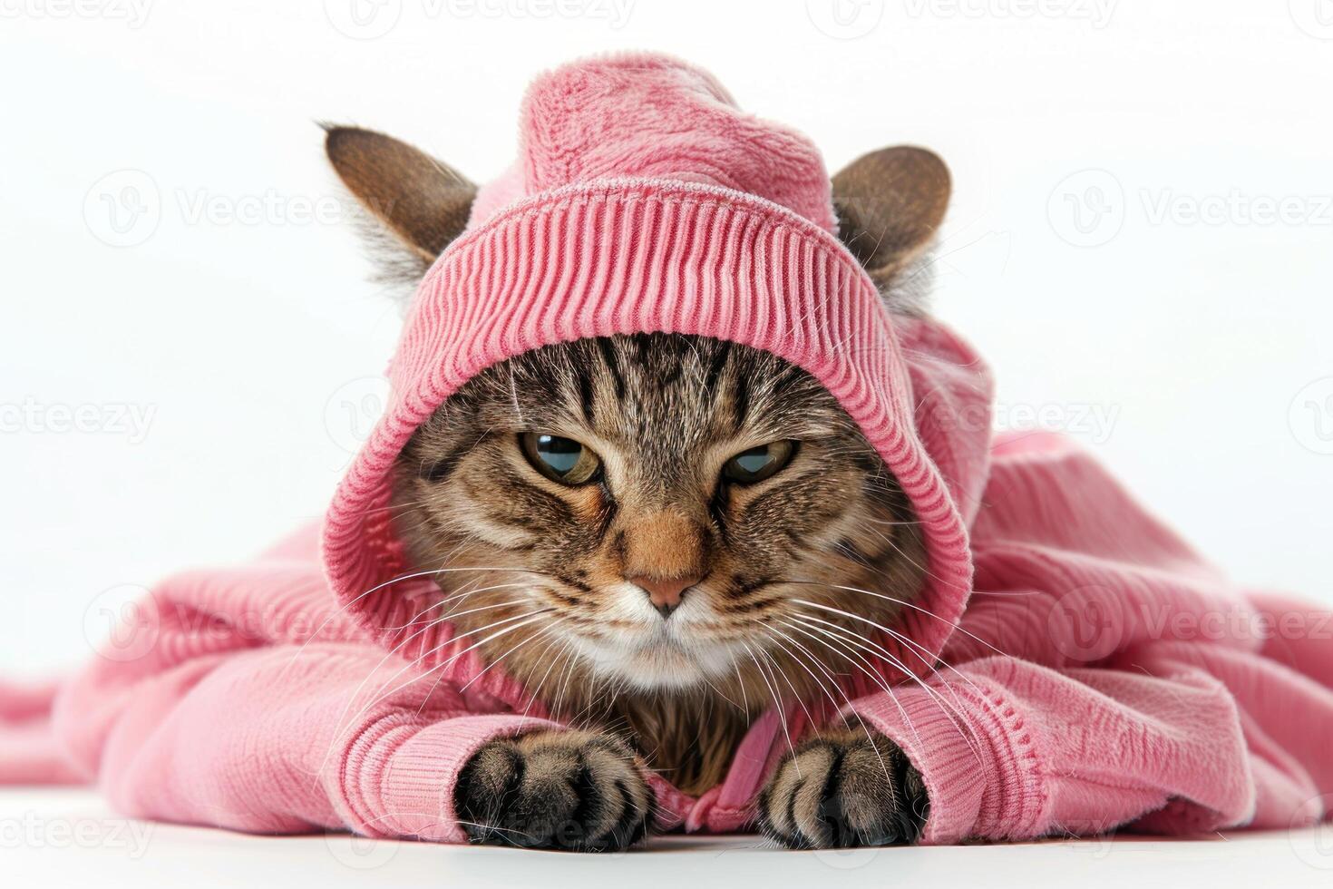 Happy cat wearing Fitness Trainer costumes, studio lighting, isolated on white background, stock photographic style photo