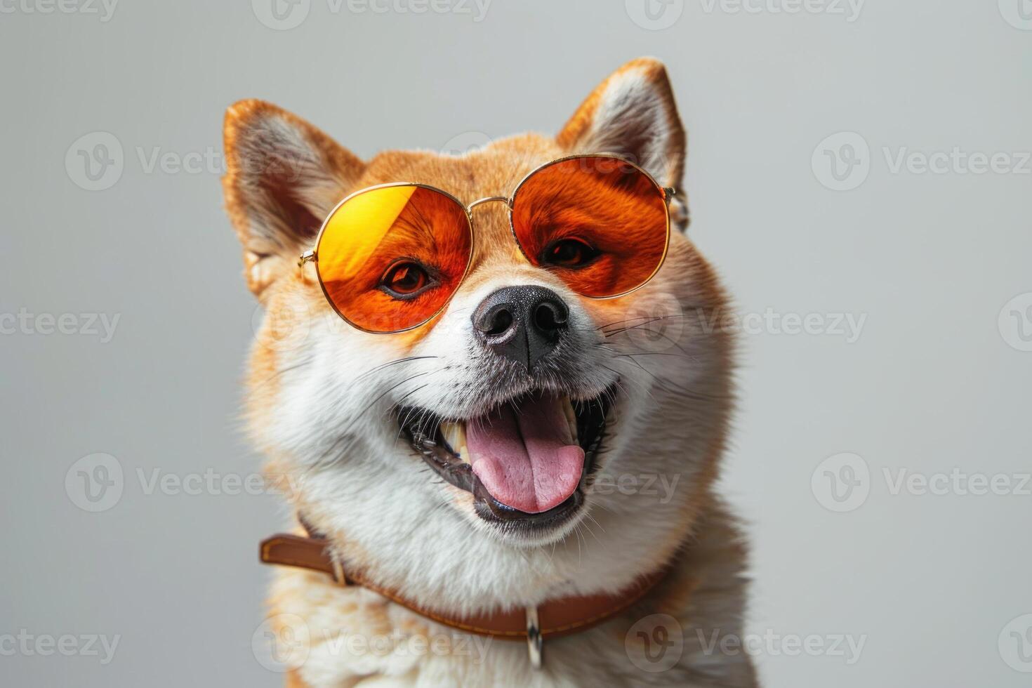 A cheerful dog wearing stylish orange sunglasses, showcasing its playful personality and joy. photo