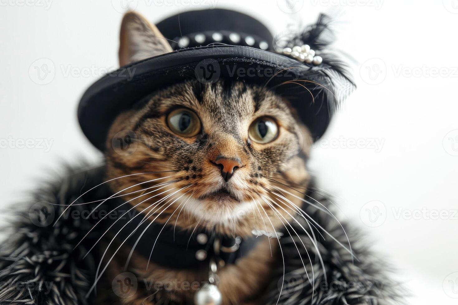 Happy cat wearing Flapper costumes, studio lighting, isolated on white background, stock photographic style photo