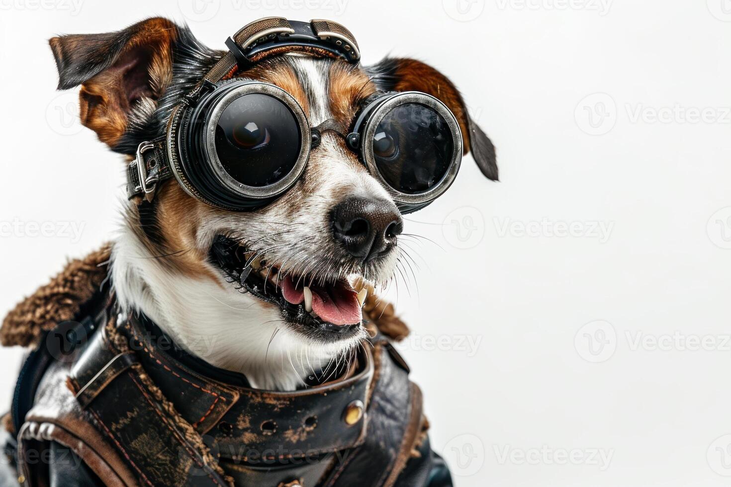 Happy Dog wearing Cyberpunk costumes, studio lighting, isolated on white background, stock photographic style photo