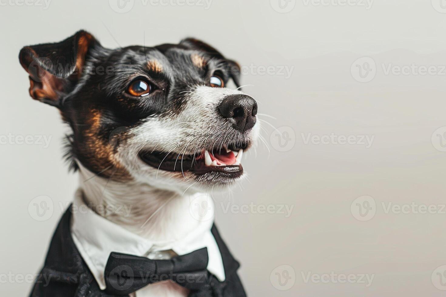 Happy Dog wearing Businessperson costumes, studio lighting, isolated on white background, stock photographic style photo