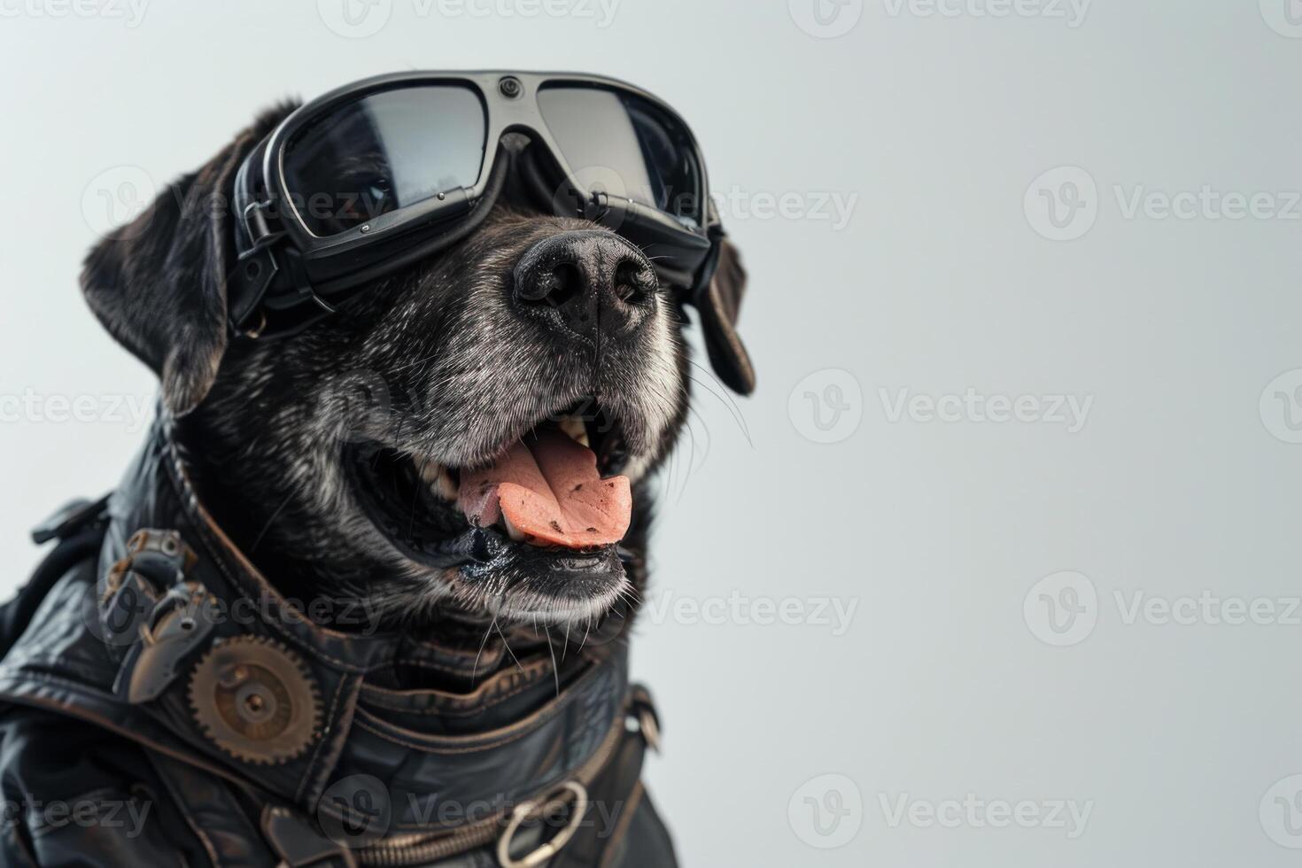 Happy Dog wearing Cyberpunk costumes, studio lighting, isolated on white background, stock photographic style photo