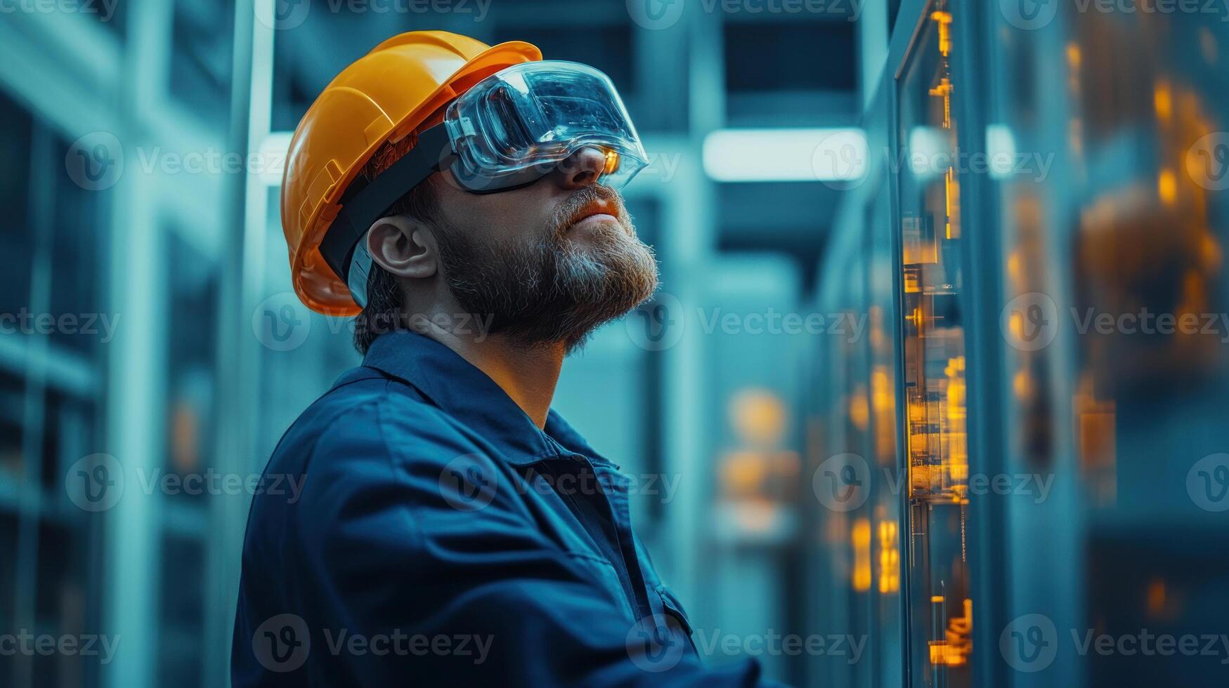 A technician using augmented reality glasses to diagnose machinery in a hightech lab photo