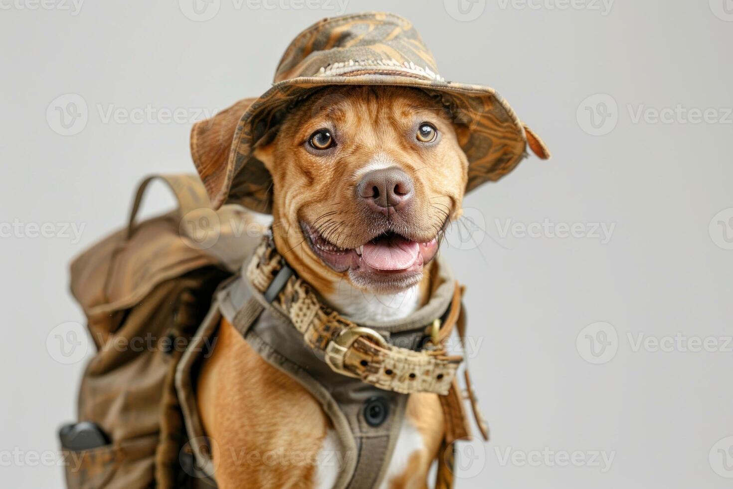 contento perro vistiendo safari explorador disfraces, estudio Encendiendo, aislado en blanco fondo, valores fotográfico estilo foto